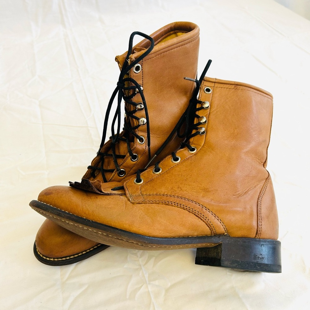 Laredo Tan Lace-Up Leather Roper Boots - Picture 3 of 16